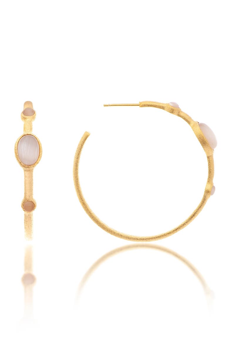 18K Gold Clad Triple Bezel Set White Cat's Eye Crystal 38mm Hoop Earrings, Main, color, 18K GOLD CLAD