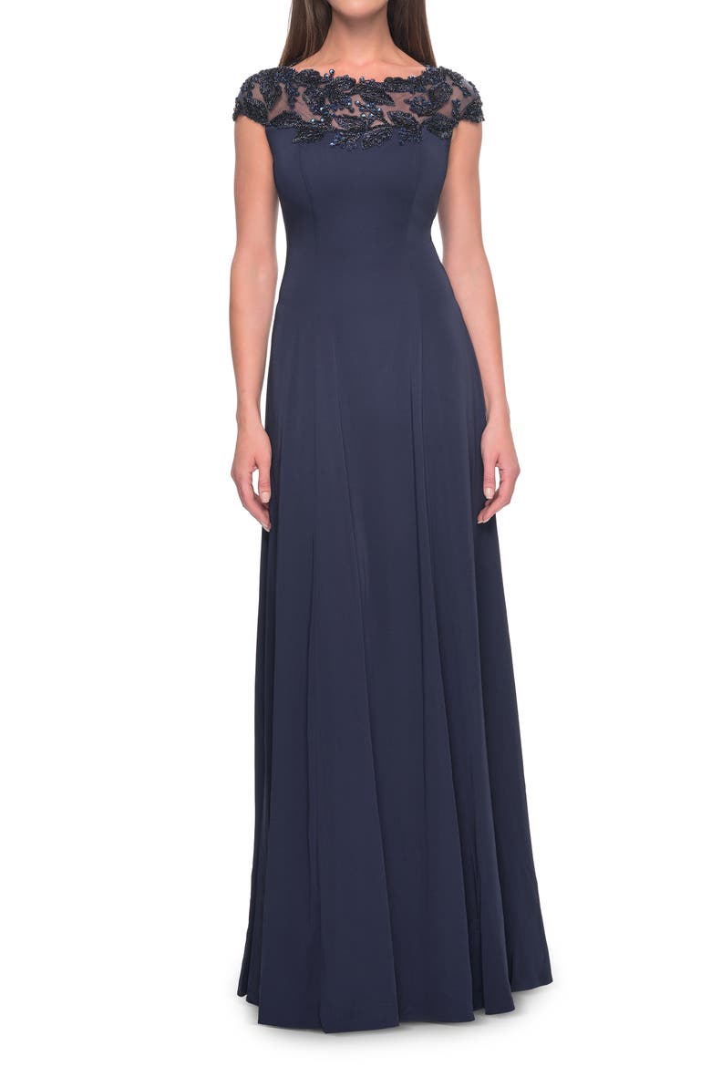 A-Line Satin Dress with Stunning Beaded Neckline and Short Sleeves, Main, color, Navy