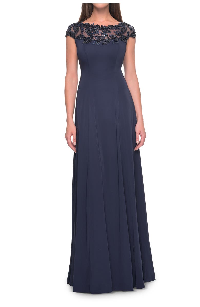 La Femme A-Line Satin Dress with Stunning Beaded Neckline and Short Sleeves, Main, color, Navy