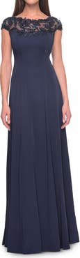 La Femme A-Line Satin Dress with Stunning Beaded Neckline and Short Sleeves