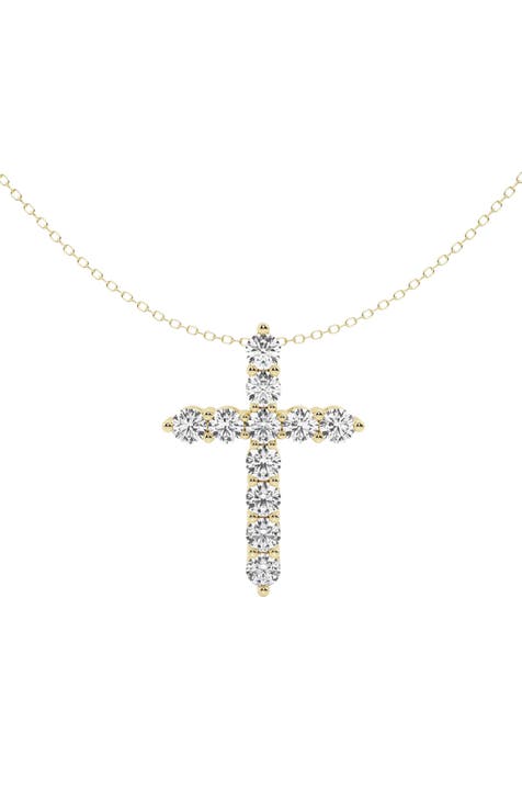 14K Yellow Gold Near Colorless Lab Grown Cross Diamond Necklace