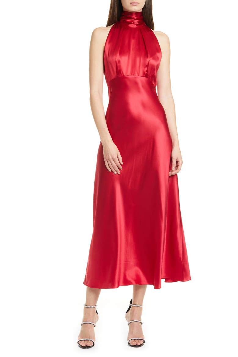 Michelle Silk Midi Dress, Main, color, CHERRY RED