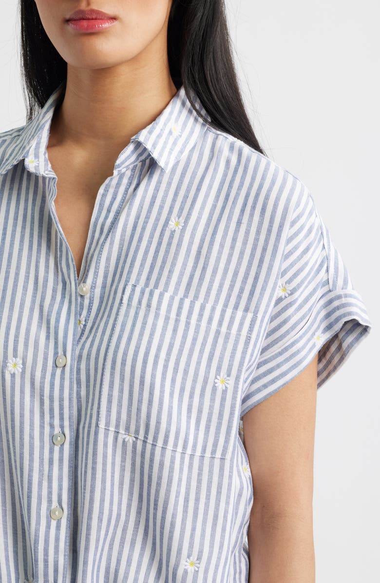 beachlunchlounge Rosie Embroidered Tie Front Short Sleeve Button-Up Shirt, Alternate, color, Daisy World