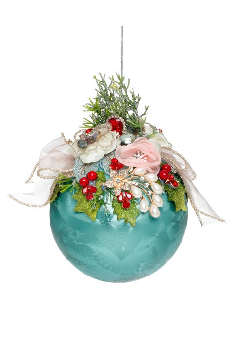 Floral Jeweled Ball Ornament, Frosted, Blue