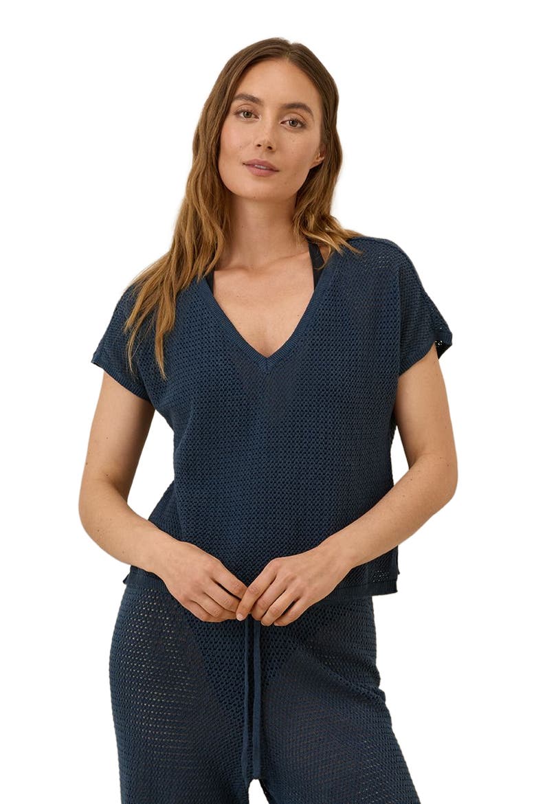 Beachside Linen V-Neck Top Made with Organic Cotton, Alternate, color, French Navy