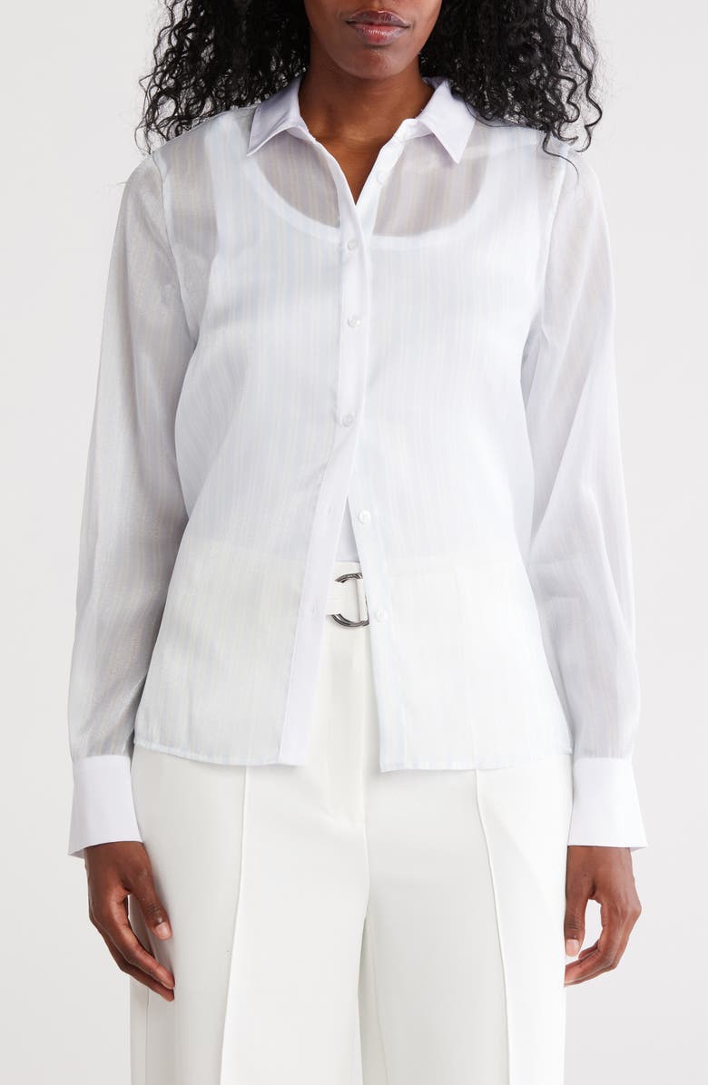 DKNY Sheer Organza Button-Up Top, Main, color, Blue/ White Stripe