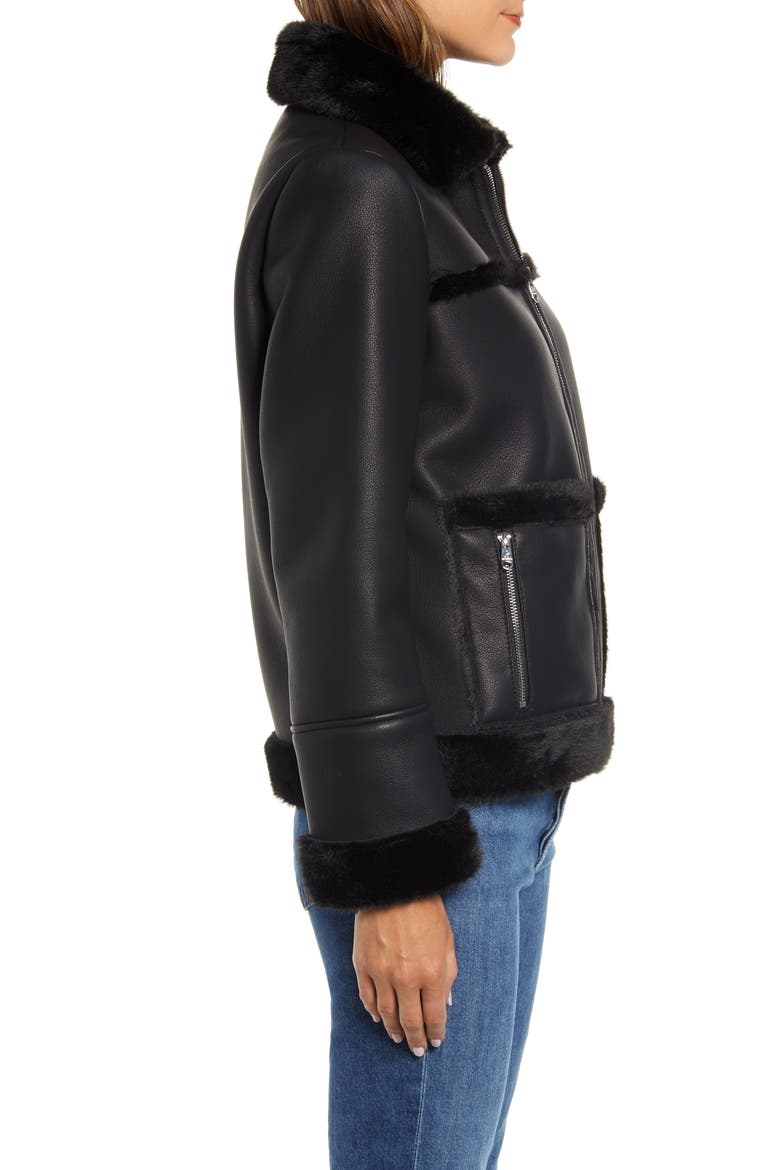 Faux Fur Trim Faux Leather Jacket, Alternate, color, BLACK