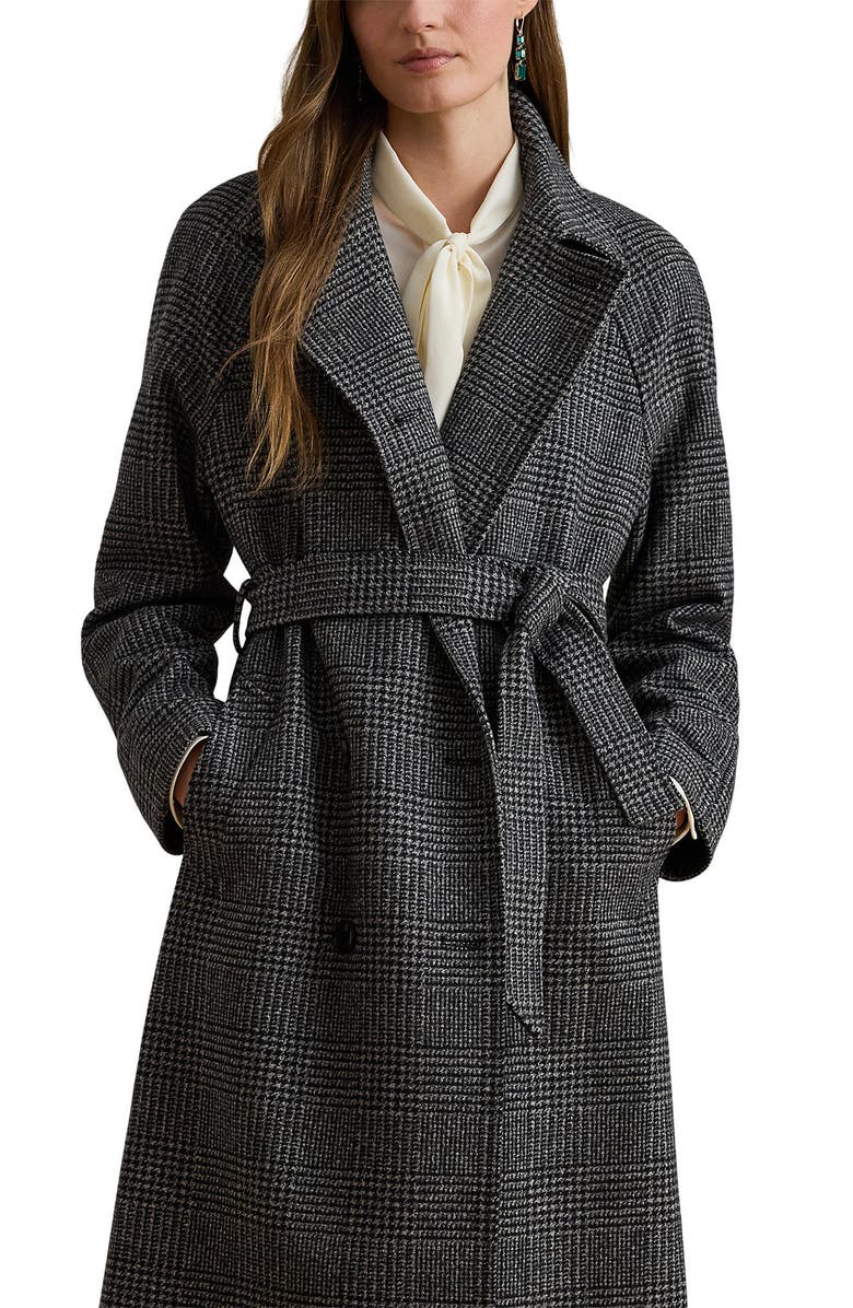 Lauren Ralph Lauren Plaid Belted Double Breasted Coat, Alternate, color, Black/ Grey Plaid