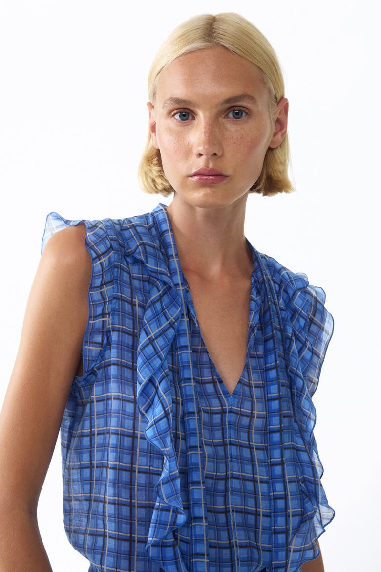 Flounced Scarf-collar Blouse, Alternate, color, Blue/plaid
