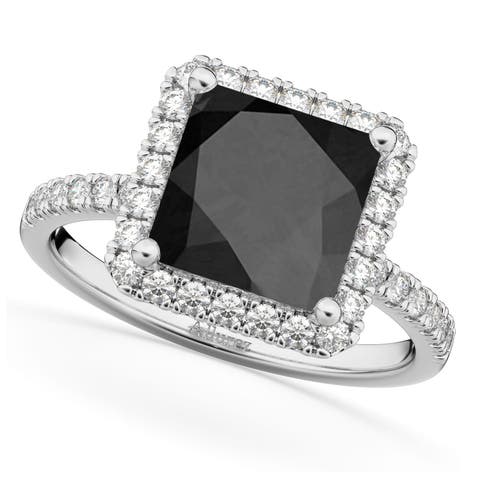 Princess Cut Halo Black Onyx & Diamond Engagement Ring 14K