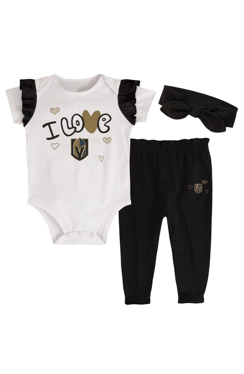 Outerstuff Girls Infant White/Black Vegas Golden Knights I Love Hockey Bodysuit Pants & Headband Set, Main, color, 