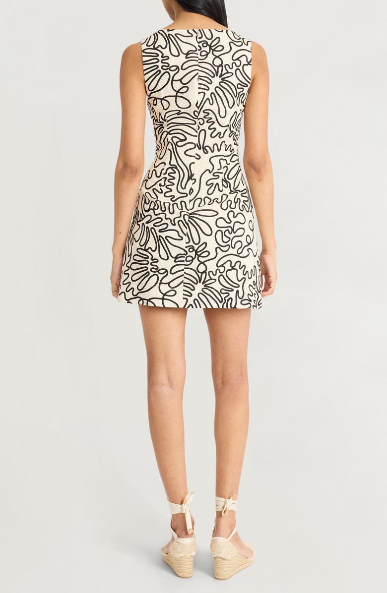The Good Journey Squiggle Print Square Neck Linen Blend Minidress, Alternate, color, Cream Black