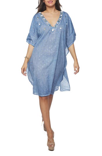 Ranee's Ranees Beaded Cotton Poncho In Blue