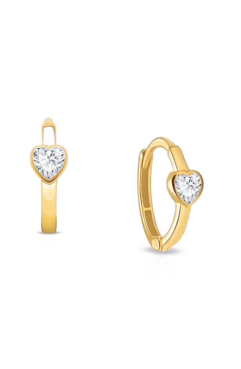 Tiny Blessings 14K Gold True Love Clear Heart Huggie Hoop Earrings, Main, color, 14K Yellow Gold