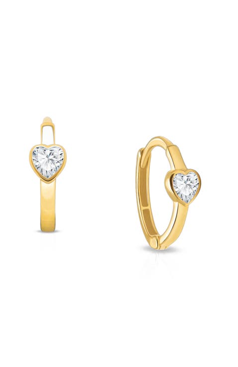 14K Gold True Love Clear Heart Huggie Hoop Earrings