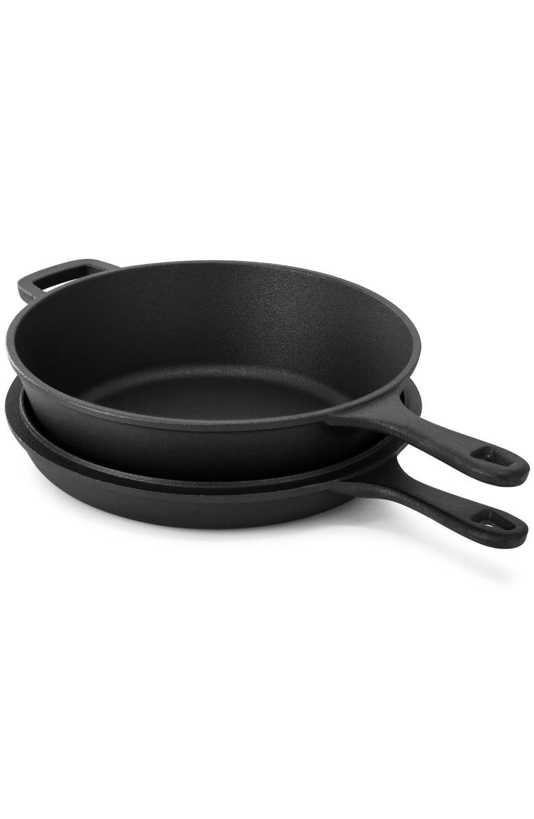 Megachef 10.5 Inch 2-in-1 Pre-Seasoned Cast Iron Skillet and Fry Pan Set, Alternate, color, Black