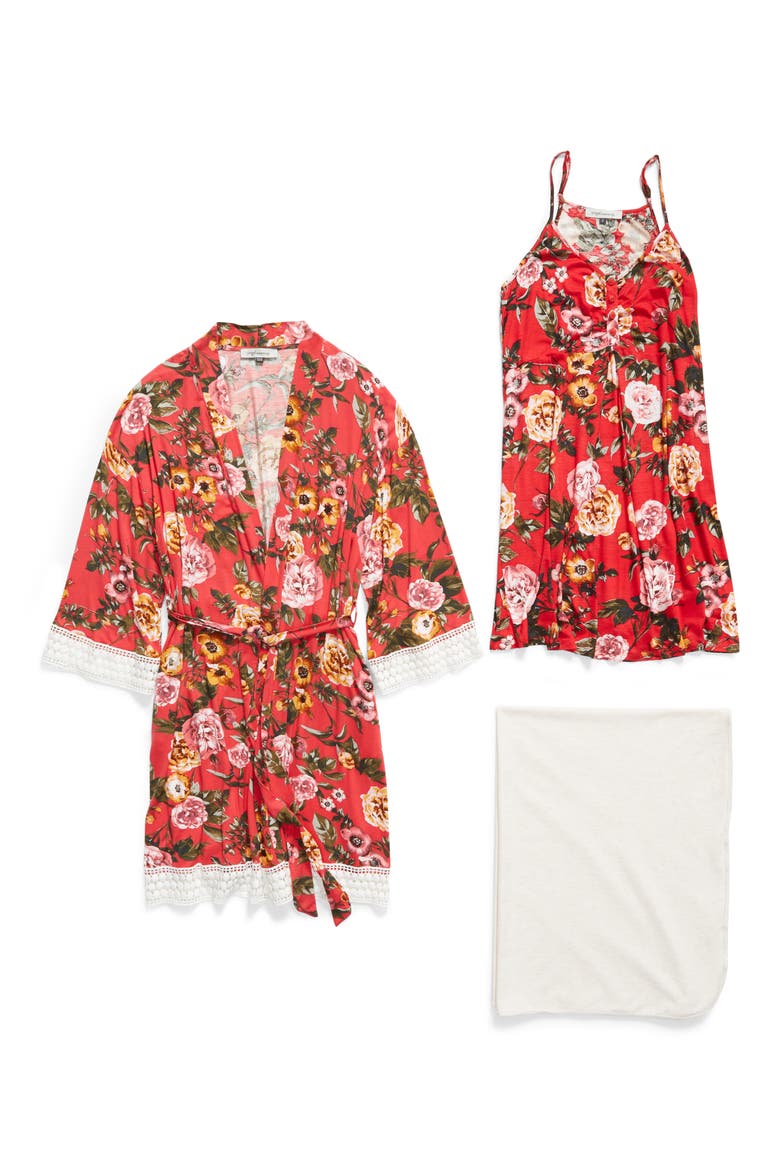 Nursing/Maternity Nightgown, Robe & Baby Wrap, Alternate, color, RED FLORAL PRINT