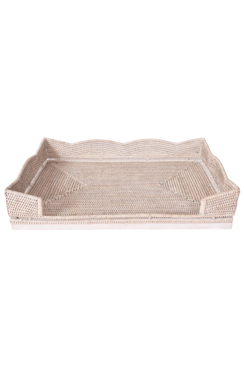 Scalloped Rattan Breakfast Tray with Wooden Legs, Alternate, color, White Wash