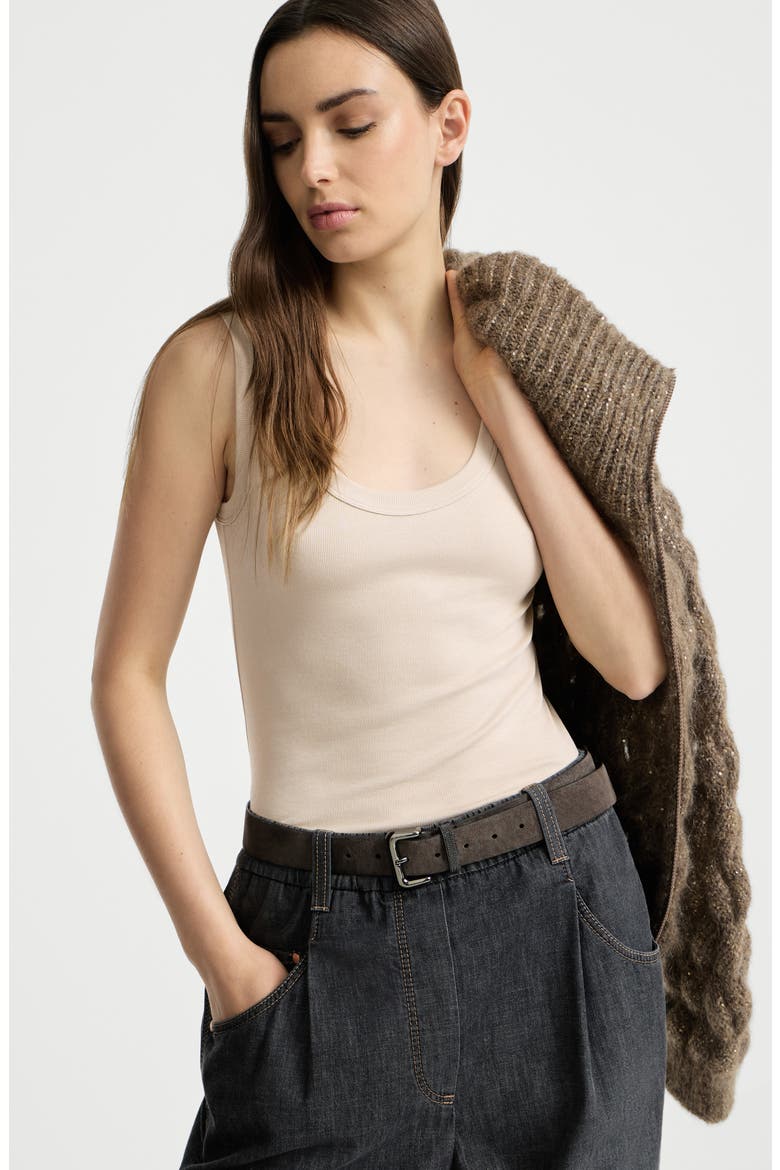 Stretch cotton ribbed jersey top with monili, Alternate, color, Cool Beige