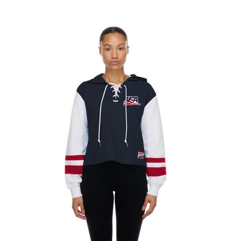 Women's New Era  Navy US Hockey Throwback Boxy Lace-Up Hoodie