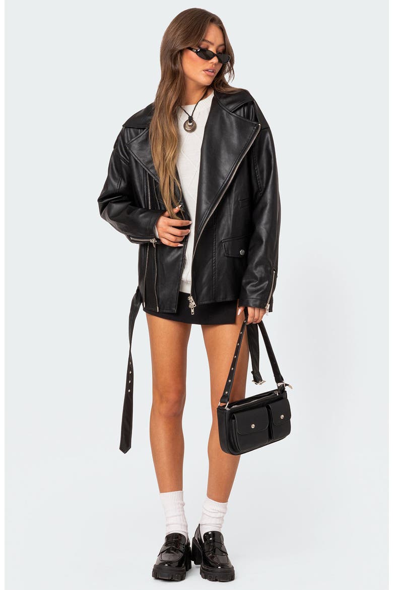 Wrenley Oversize Faux Leather Moto Jacket, Alternate, color, BLACK