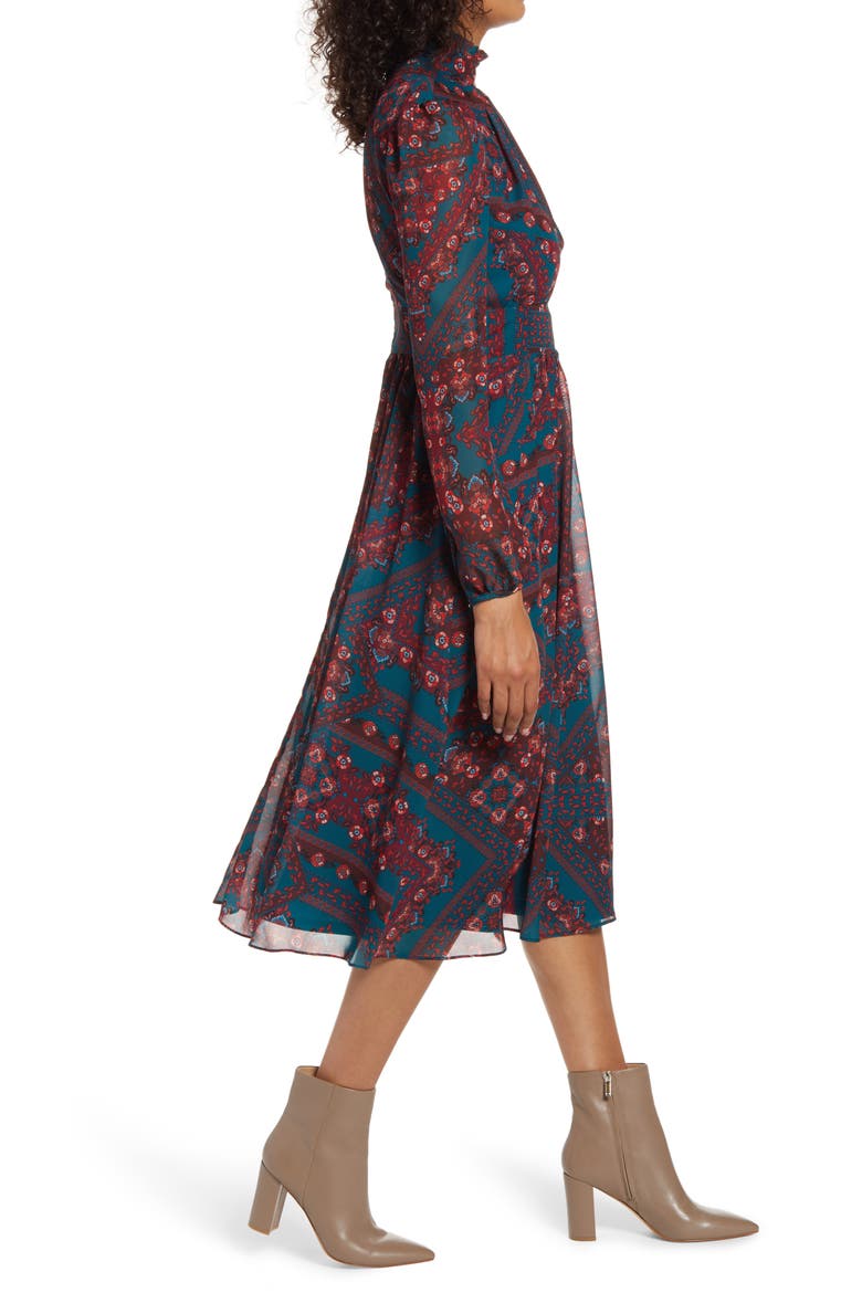 Tile Print Mock Neck Long Sleeve Midi Dress, Alternate, color, TEAL MULTI