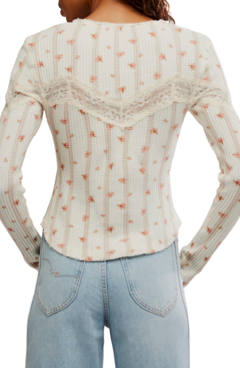 Free People Let's Party Floral Lace Trim Cotton Waffle Knit Button-Up Top, Alternate, color, Tea Combo