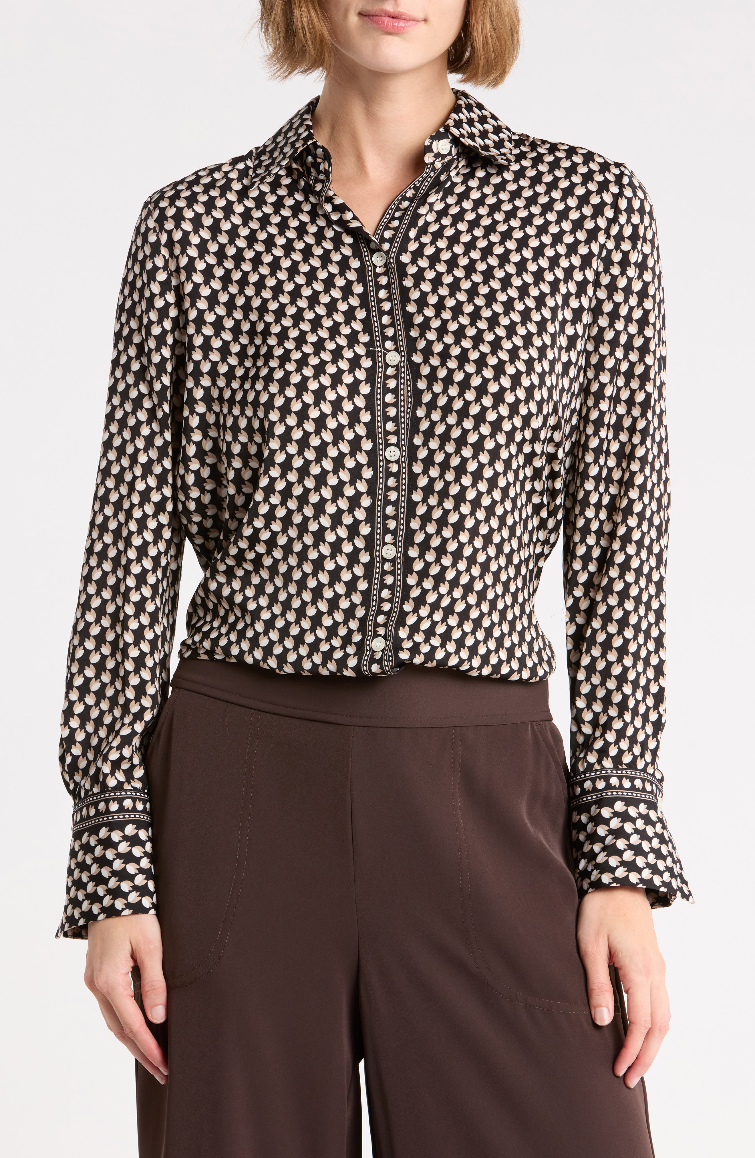 Print Button Front Blouse