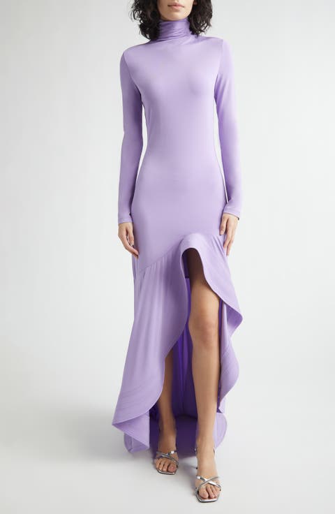 Long Sleeve High-Low Crepe Jersey Gown