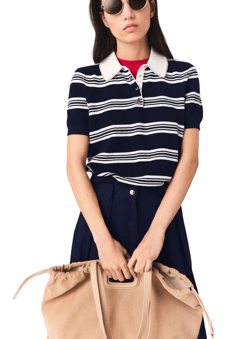 Striped polo with rhinestone collar, Main, color, Ecru/navy blue