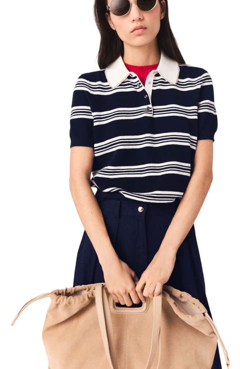Striped polo with rhinestone collar