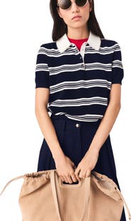 maje Striped polo with rhinestone collar