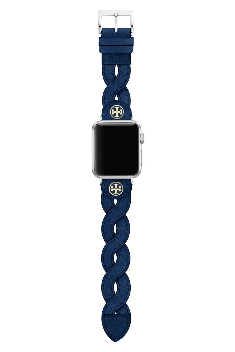 Braided Leather Apple Watch® Watchband, Main, color, NAVY