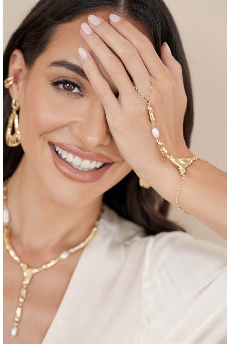 Liquid Metal Genuine Freshwater Pearl Hand Chain, Alternate, color, GOLD
