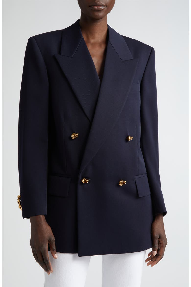 Knot Button Double Breasted Wool Grain de Poudre Blazer, Main, color, ABYSS