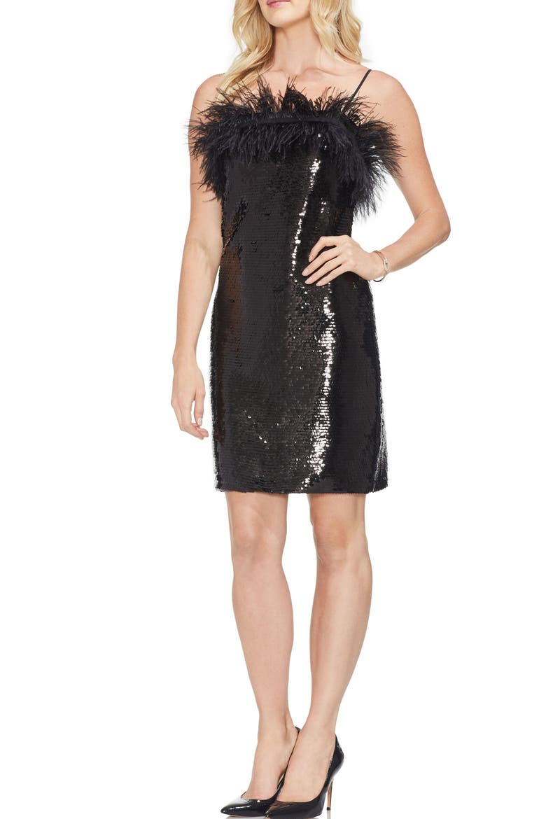 Feather Detail Sequin Dress, Main, color, RICH BLACK