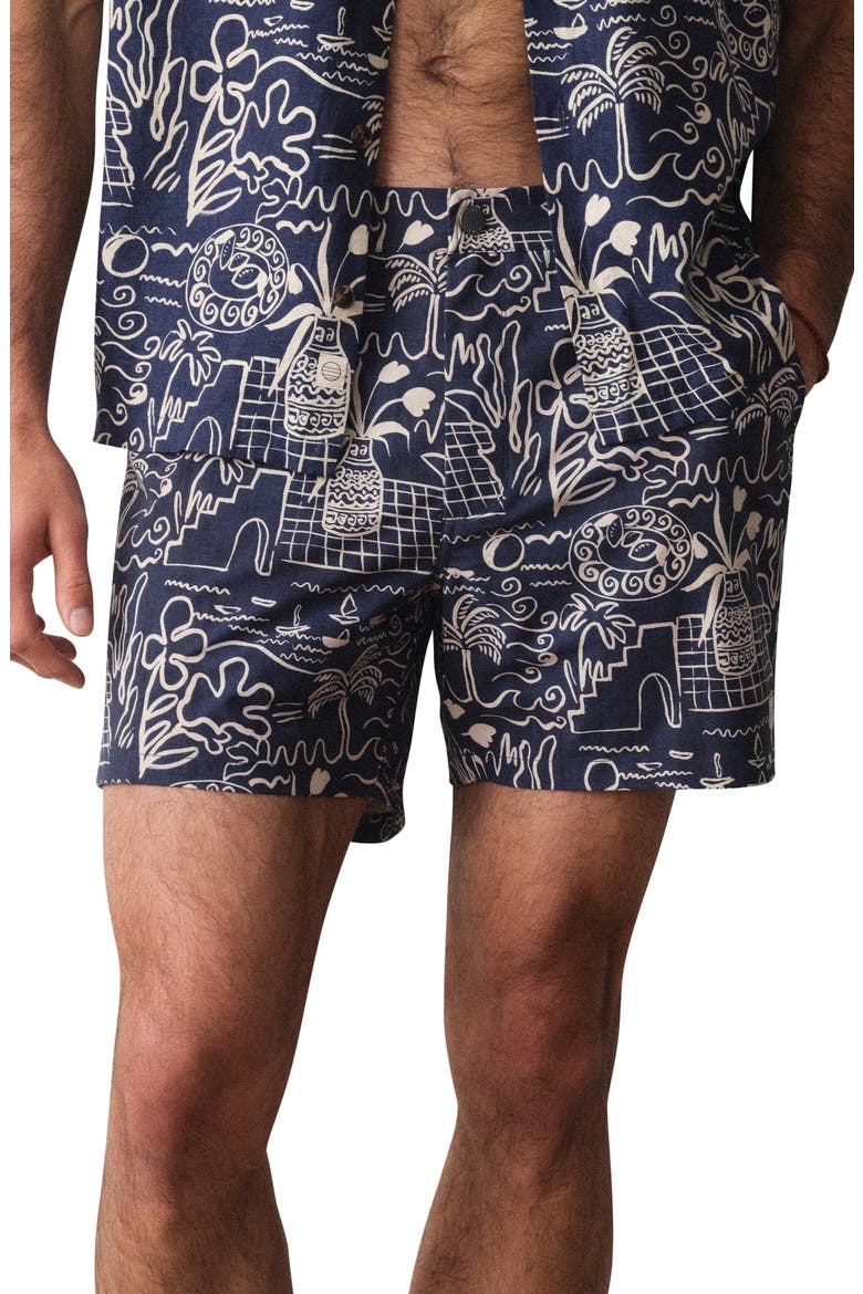 Island Motif Tailored Swim Trunks, Main, color, NAVY/WHITE ISLAND MOTIF