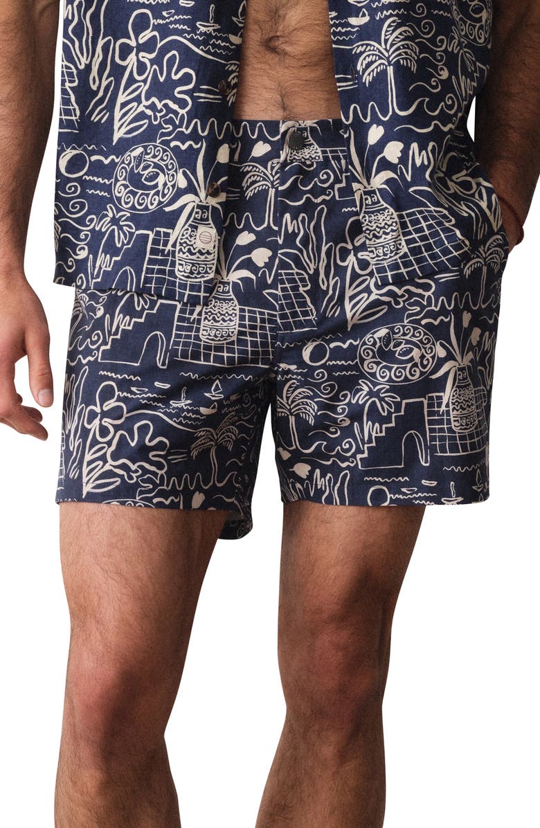 Marine Layer Island Motif Tailored Swim Trunks, Main, color, Navy/White Island Motif