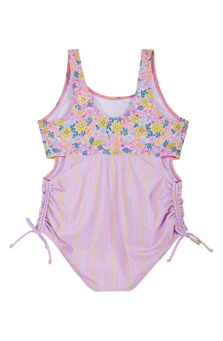 Andy & Evan Kids' Floral Stripe Ruched One-Piece Swimsuit, Alternate, color, Purple Floral