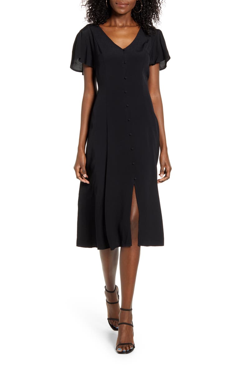 Button Front Flutter Sleeve Midi Dress, Main, color, BLACK