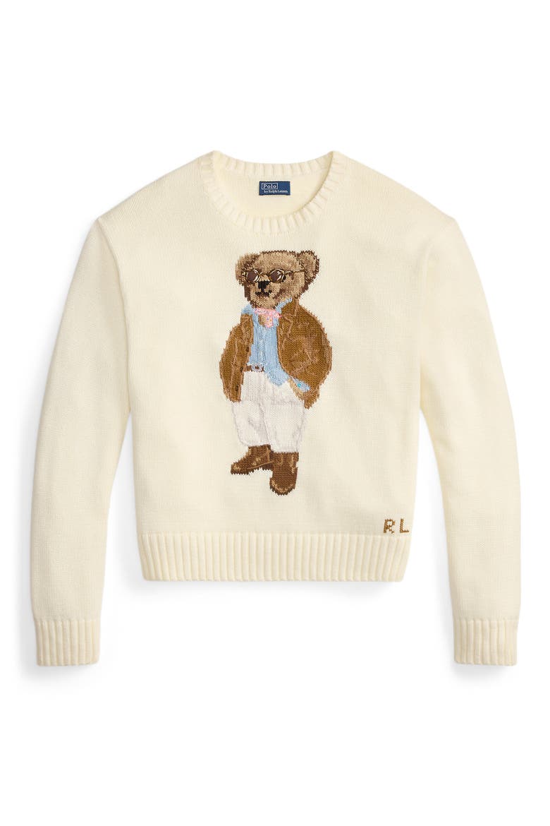 Traveler Bear Jacquard Cotton Crewneck Sweater, Alternate, color, PARCHMENT CREAM