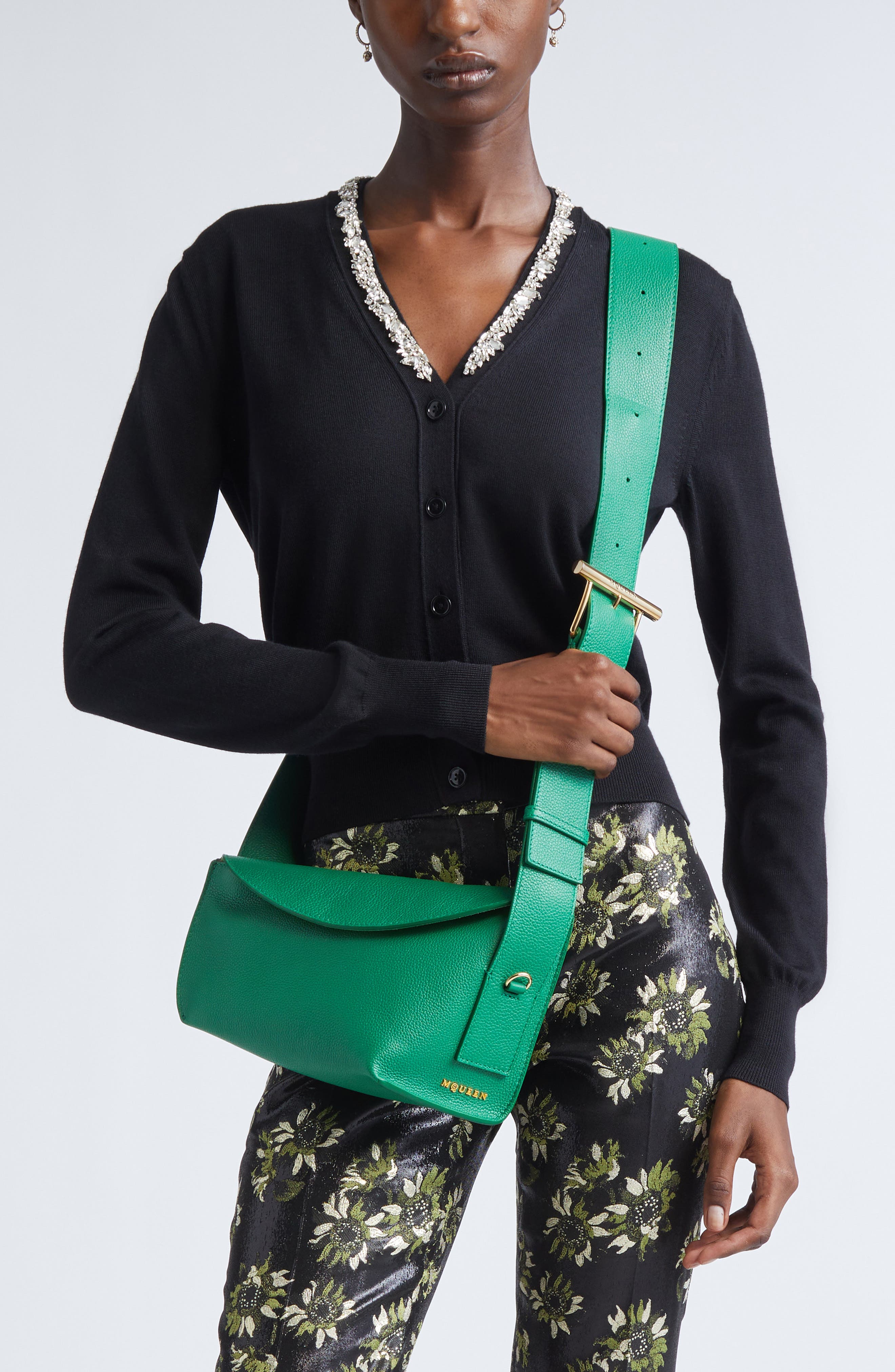 McQueen T-Bar Leather Sling Bag, Alternate, color, Viridian/ Gold