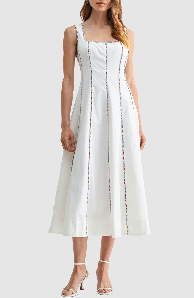 Mila Mae Floral Piping Sleeveless Fit & Flare Midi Dress, Main, color, White