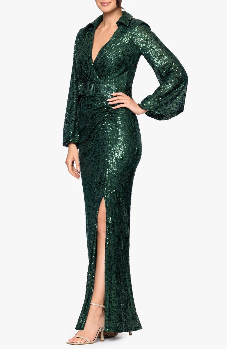 Betsy & Adam Sequin Collar Long Sleeve Gown, Alternate, color, Pine