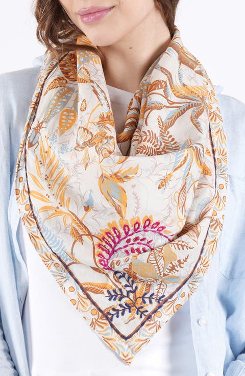 Embroidered Floral Print Cotton Scarf