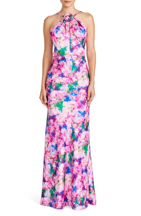 Violette Floral Halter Neck Satin Gown