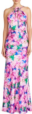 ML Monique Lhuillier Violette Floral Halter Neck Satin Gown