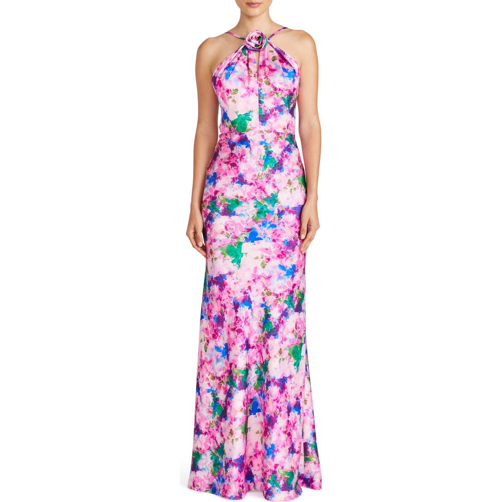 ML Monique Lhuillier Violette Floral Halter Neck Satin Gown in Waterlily Floral  product