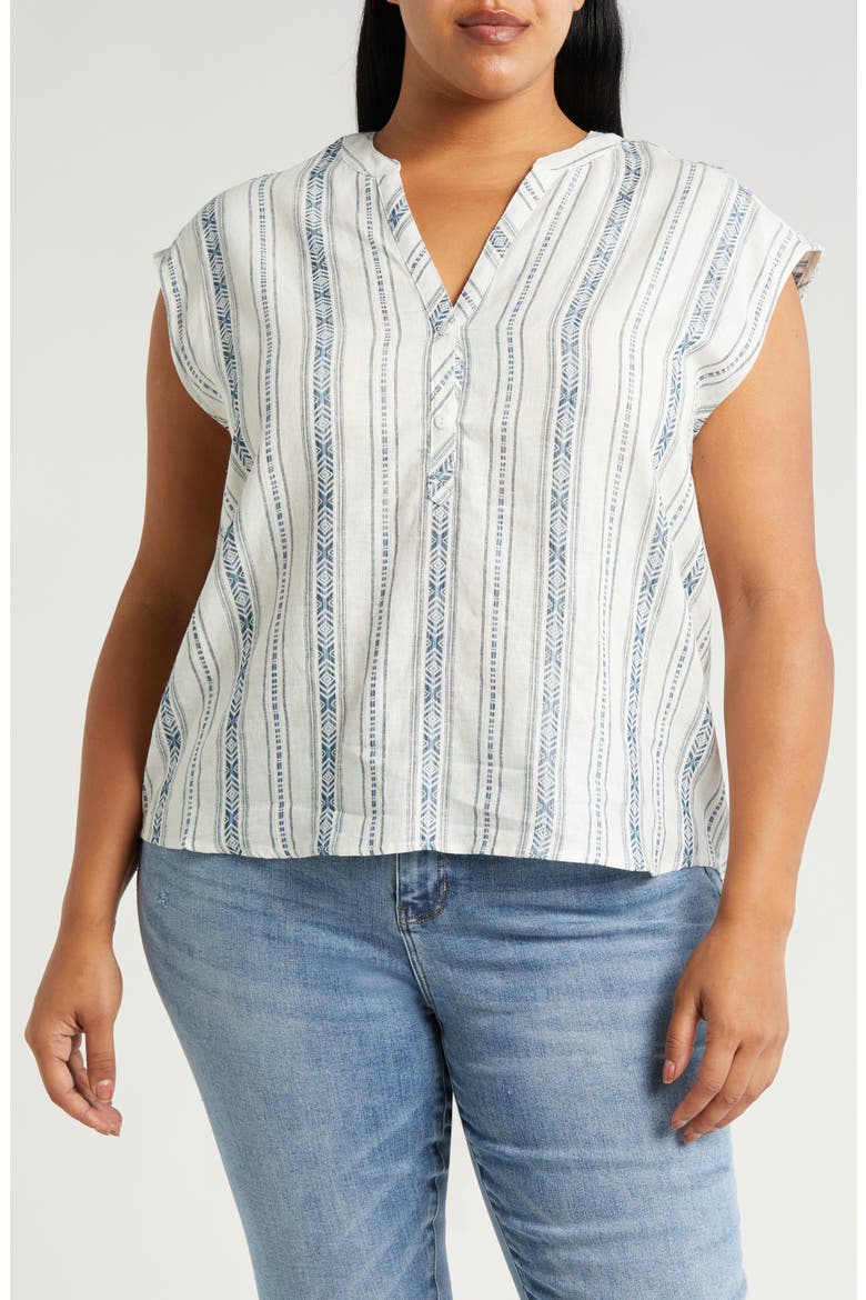 Stripe Cap Sleeve Linen Blend Button-Up Top, Main, color, NOVELTY CREAM STRIPE