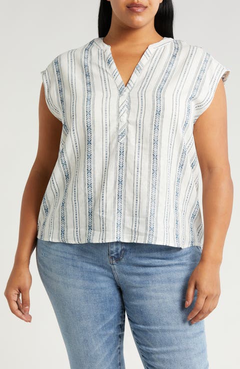 Stripe Cap Sleeve Linen Blend Button-Up Top